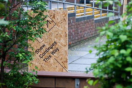 Temporary way-finding signage piece for UCA. Direct print onto OSB Board.